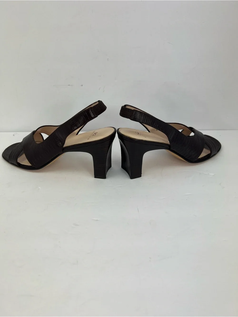 AK2 ANNE KLEIN VTG BROWN CROC EMBOSSED LEATHER SLING BACK, BLOCK HEEL SANDALS 7M